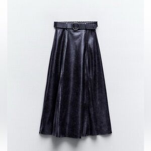 Zara Blue Faux Leather A-Line Midi Skirt with Belt Detail
